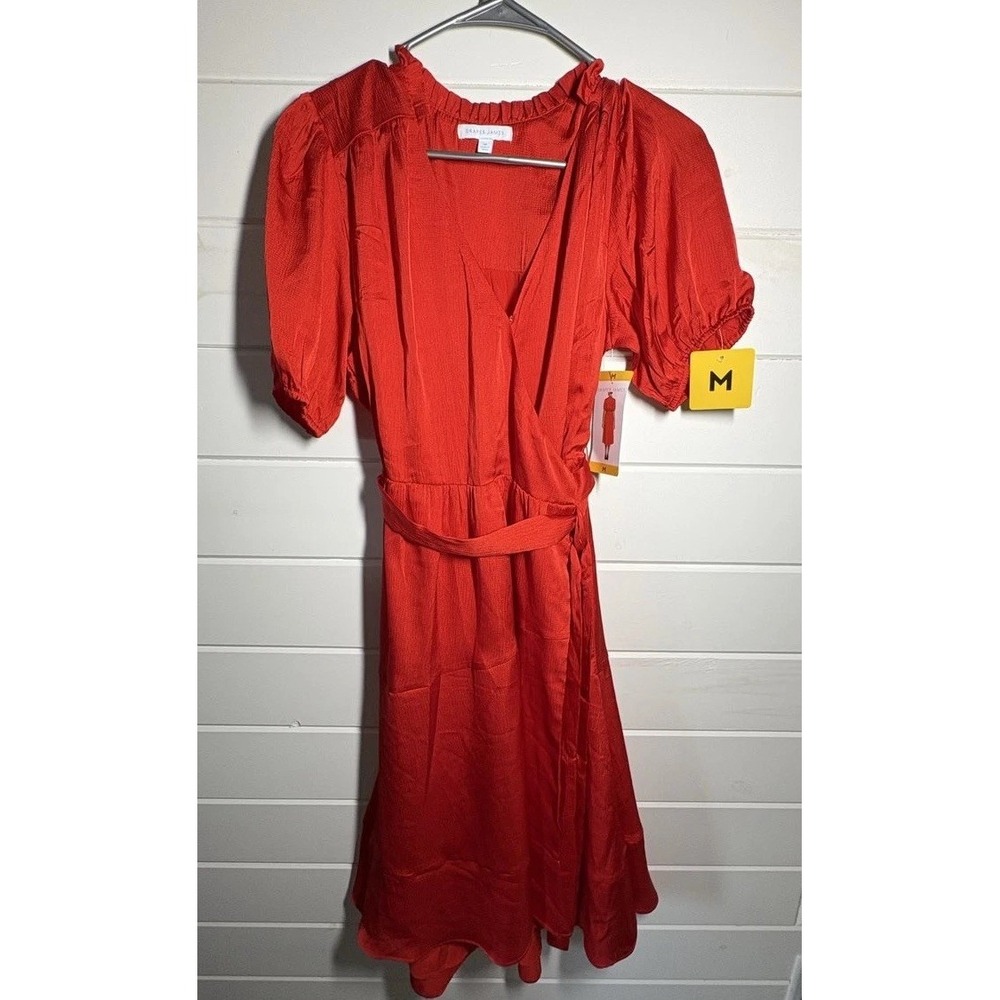 Draper James S7005BBS Wrap Midi Dress Womens M Red Textured Puff Sleeve NWT